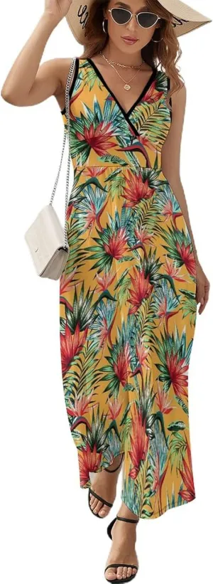 Women's Summer V Neck Sleeveless Flower Maxi Sundress Casual Flowy Beach Tank Dress