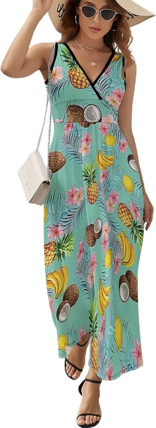 Women's Summer V Neck Sleeveless Flower Maxi Sundress Casual Flowy Beach Tank Dress