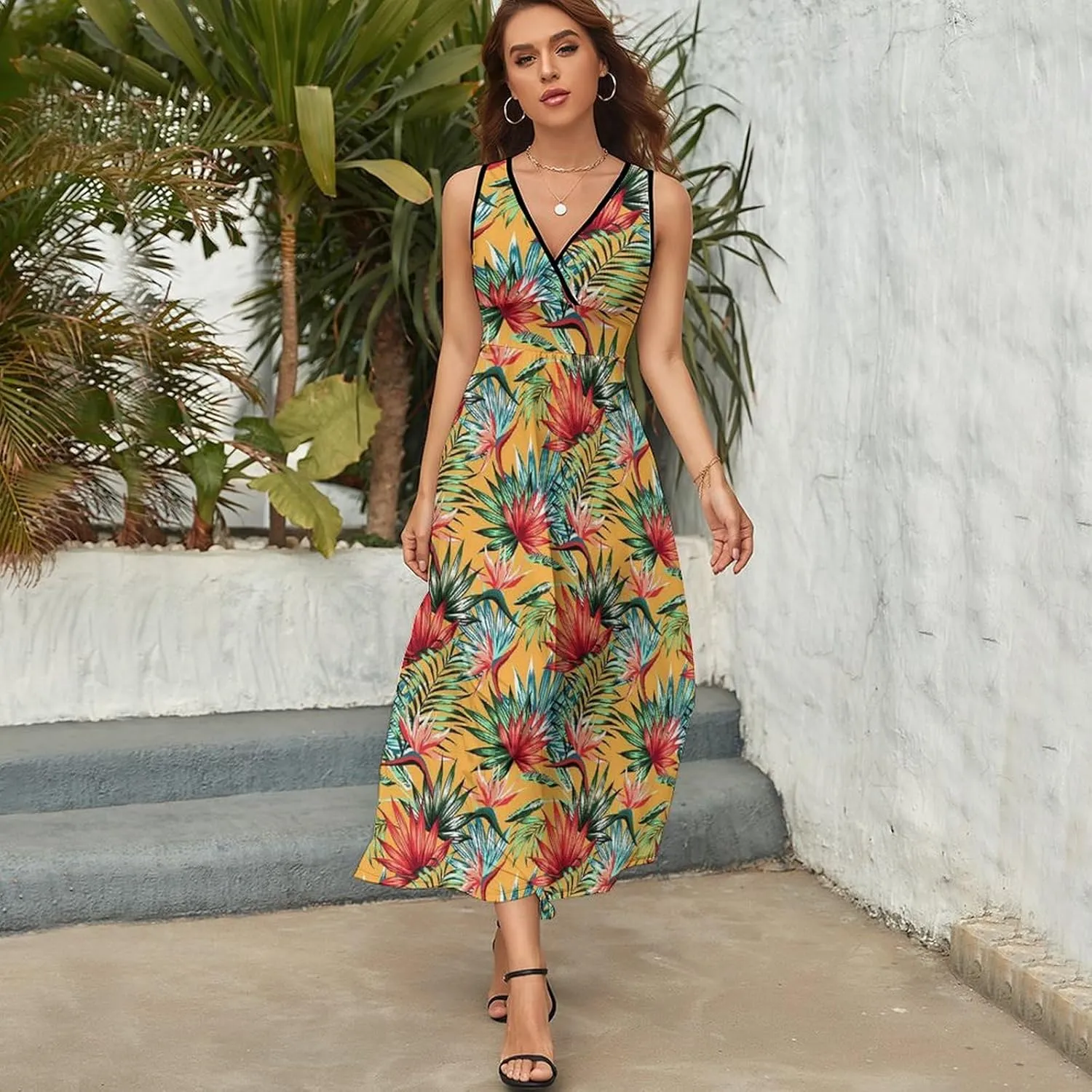 Women's Summer V Neck Sleeveless Flower Maxi Sundress Casual Flowy Beach Tank Dress