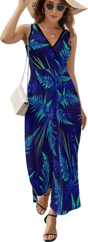 Women's Summer V Neck Sleeveless Flower Maxi Sundress Casual Flowy Beach Tank Dress