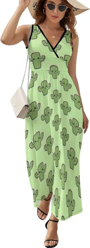 Women's Summer V Neck Sleeveless Flower Maxi Sundress Casual Flowy Beach Tank Dress