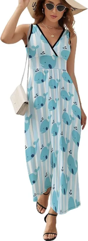 Women's Summer V Neck Sleeveless Flower Maxi Sundress Casual Flowy Beach Tank Dress