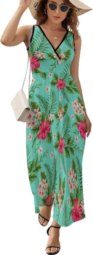 Women's Summer V Neck Sleeveless Flower Maxi Sundress Casual Flowy Beach Tank Dress