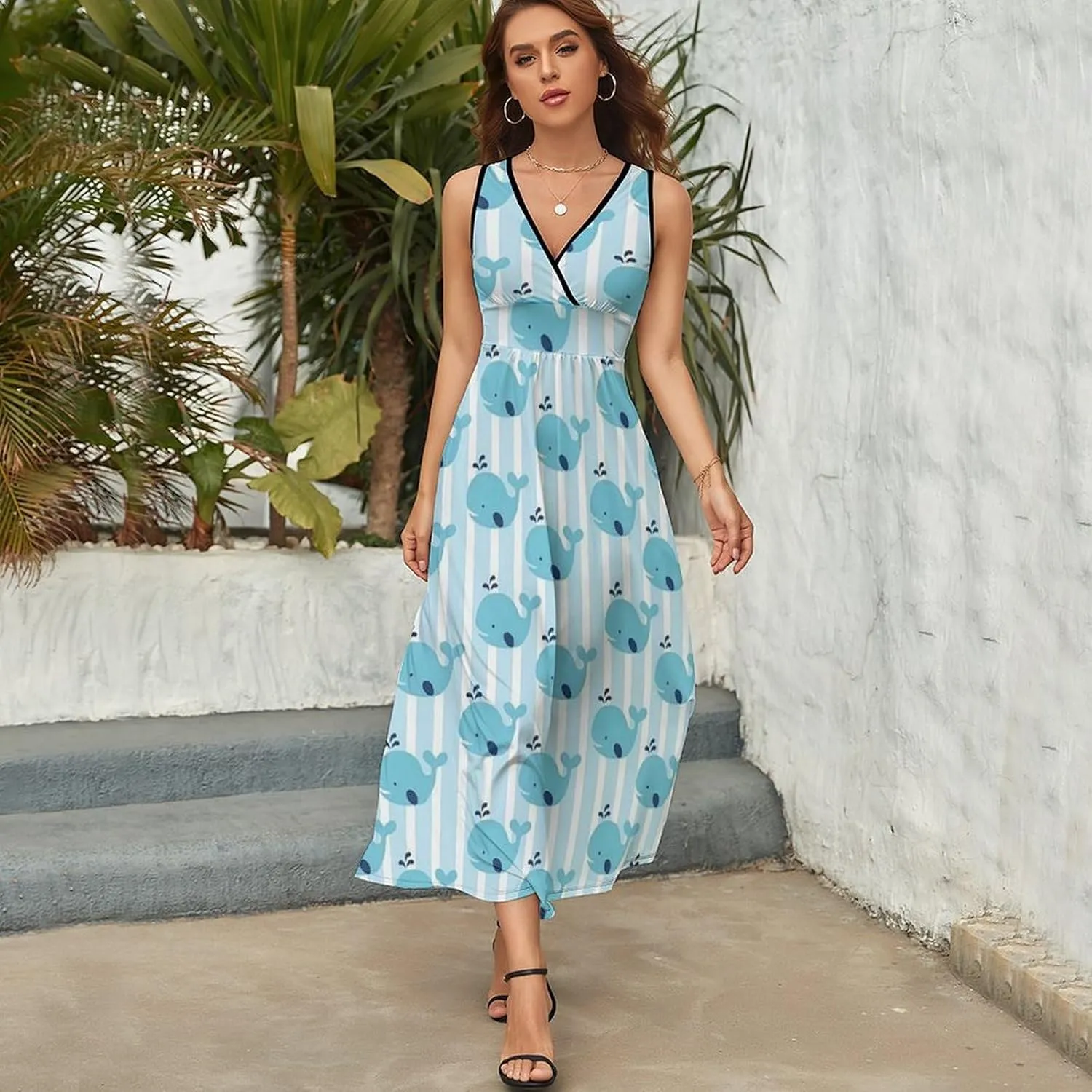 Women's Summer V Neck Sleeveless Flower Maxi Sundress Casual Flowy Beach Tank Dress