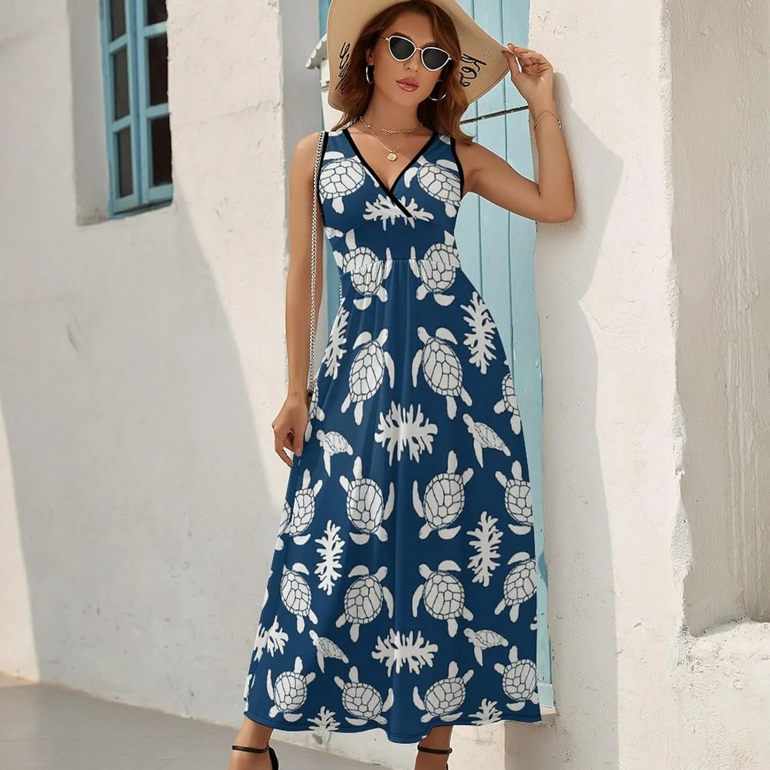 Women's Summer V Neck Sleeveless Flower Maxi Sundress Casual Flowy Beach Tank Dress