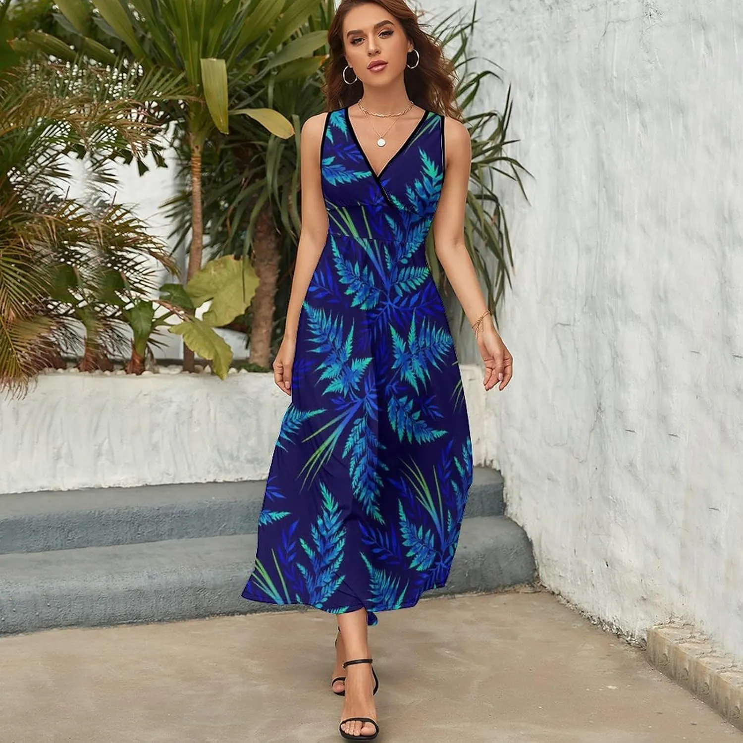 Women's Summer V Neck Sleeveless Flower Maxi Sundress Casual Flowy Beach Tank Dress