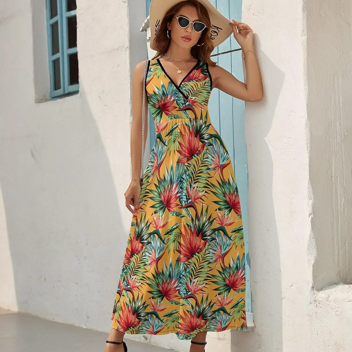 Women's Summer V Neck Sleeveless Flower Maxi Sundress Casual Flowy Beach Tank Dress