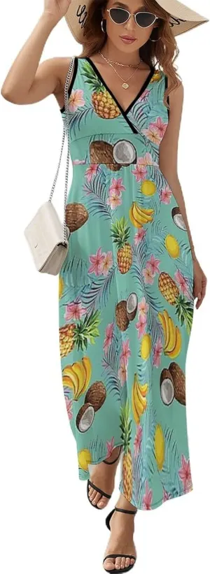 Women's Summer V Neck Sleeveless Flower Maxi Sundress Casual Flowy Beach Tank Dress