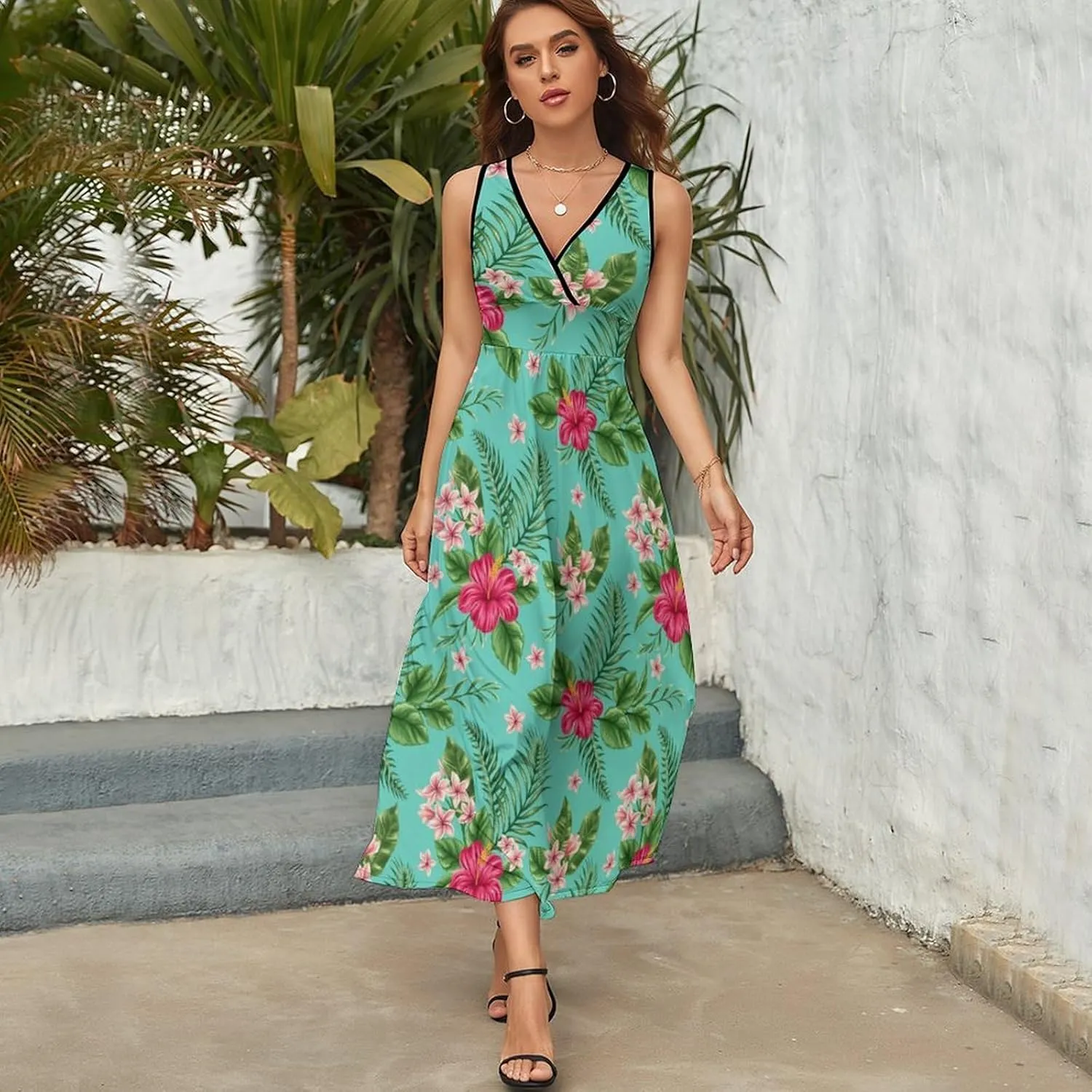 Women's Summer V Neck Sleeveless Flower Maxi Sundress Casual Flowy Beach Tank Dress
