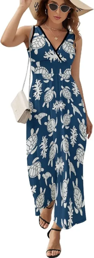 Women's Summer V Neck Sleeveless Flower Maxi Sundress Casual Flowy Beach Tank Dress
