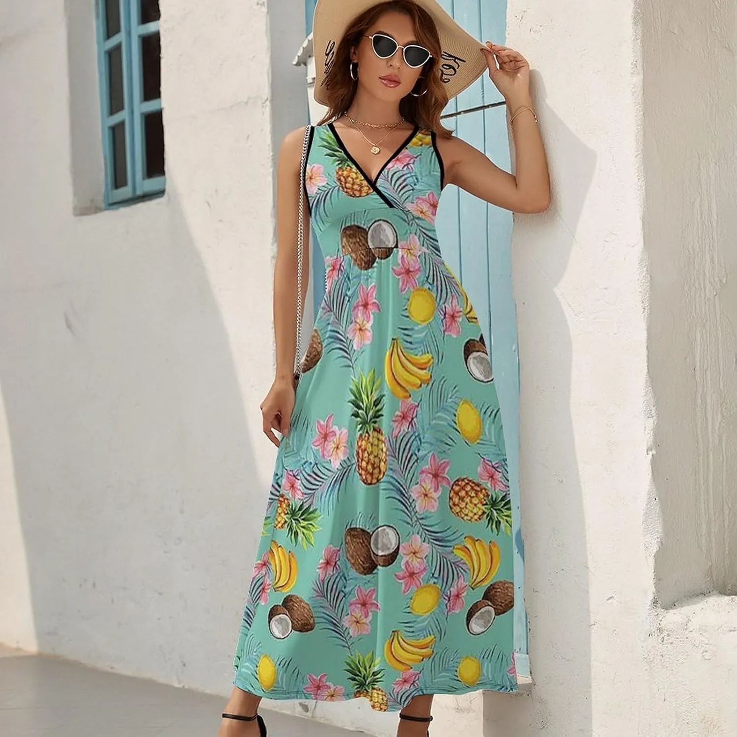 Women's Summer V Neck Sleeveless Flower Maxi Sundress Casual Flowy Beach Tank Dress