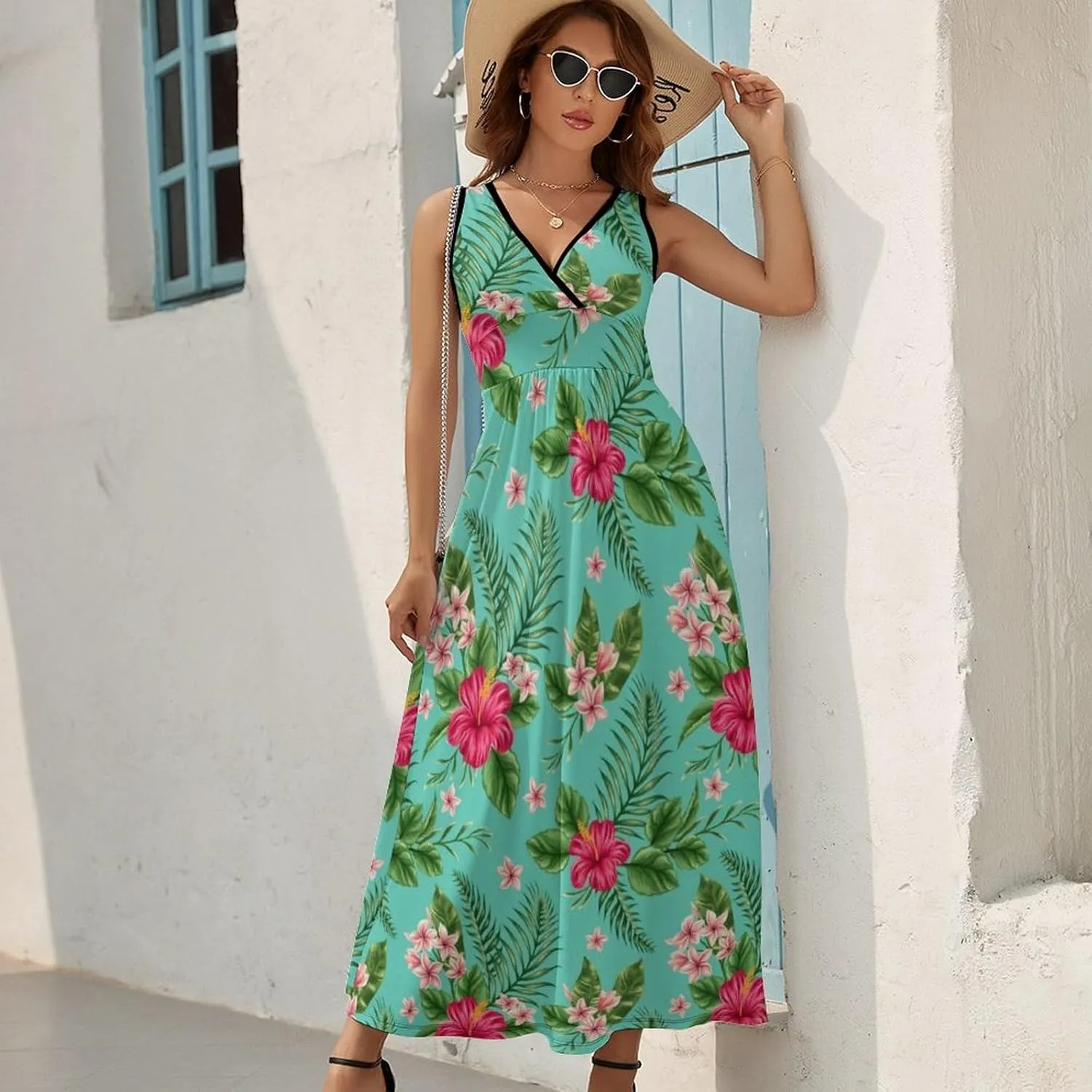 Women's Summer V Neck Sleeveless Flower Maxi Sundress Casual Flowy Beach Tank Dress