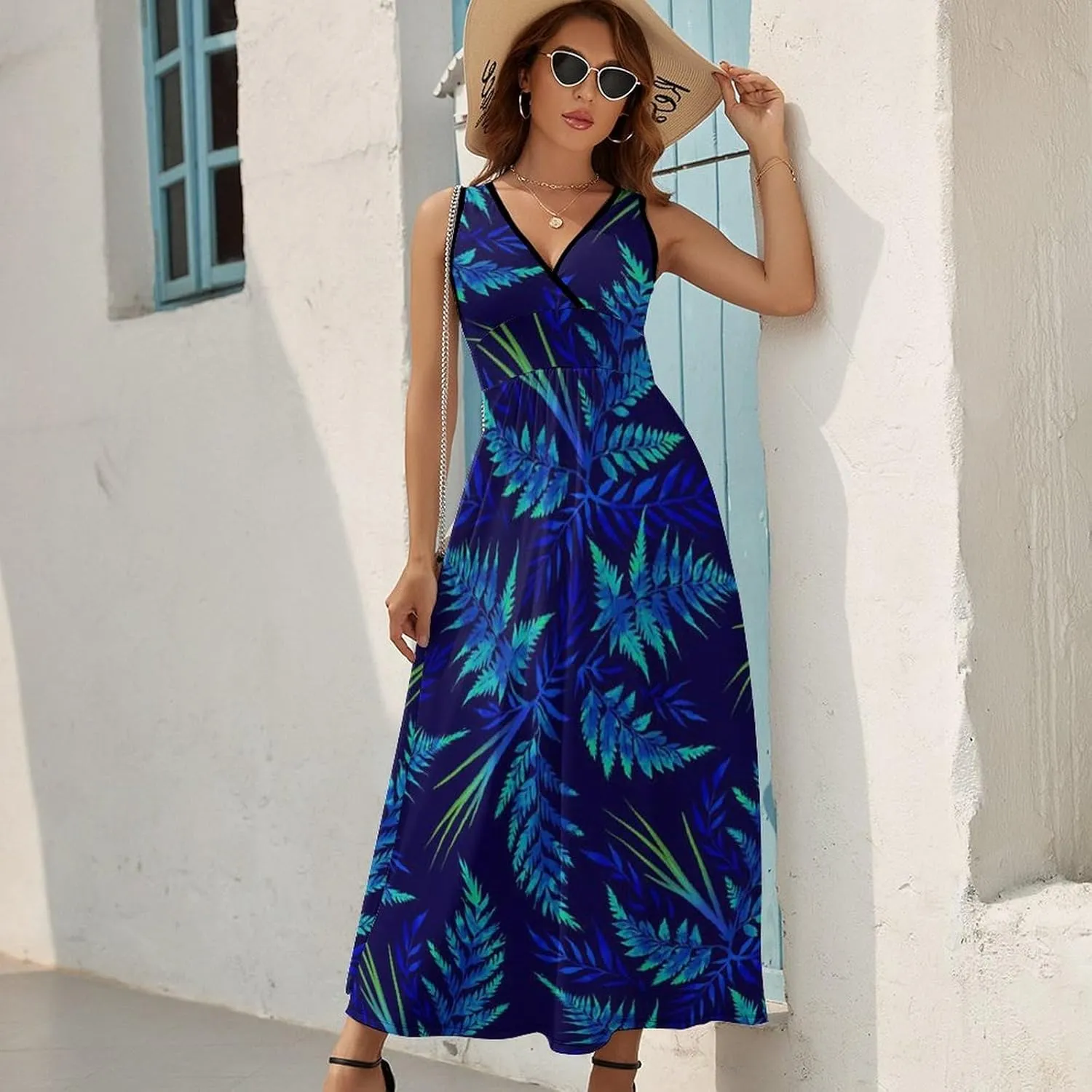 Women's Summer V Neck Sleeveless Flower Maxi Sundress Casual Flowy Beach Tank Dress