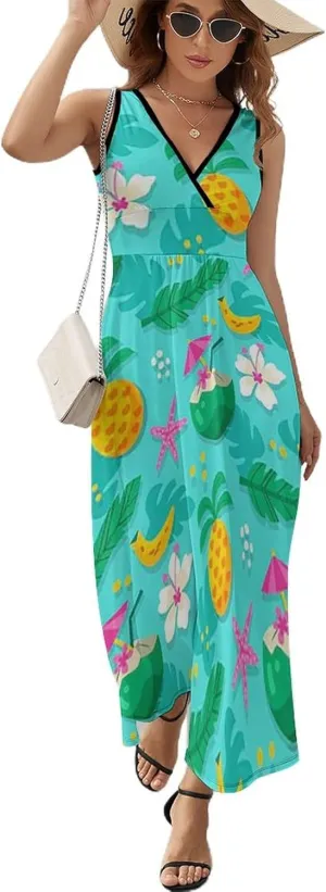 Women's Summer V Neck Sleeveless Octopus Maxi Sundress Casual Flowy Beach Tank Dress