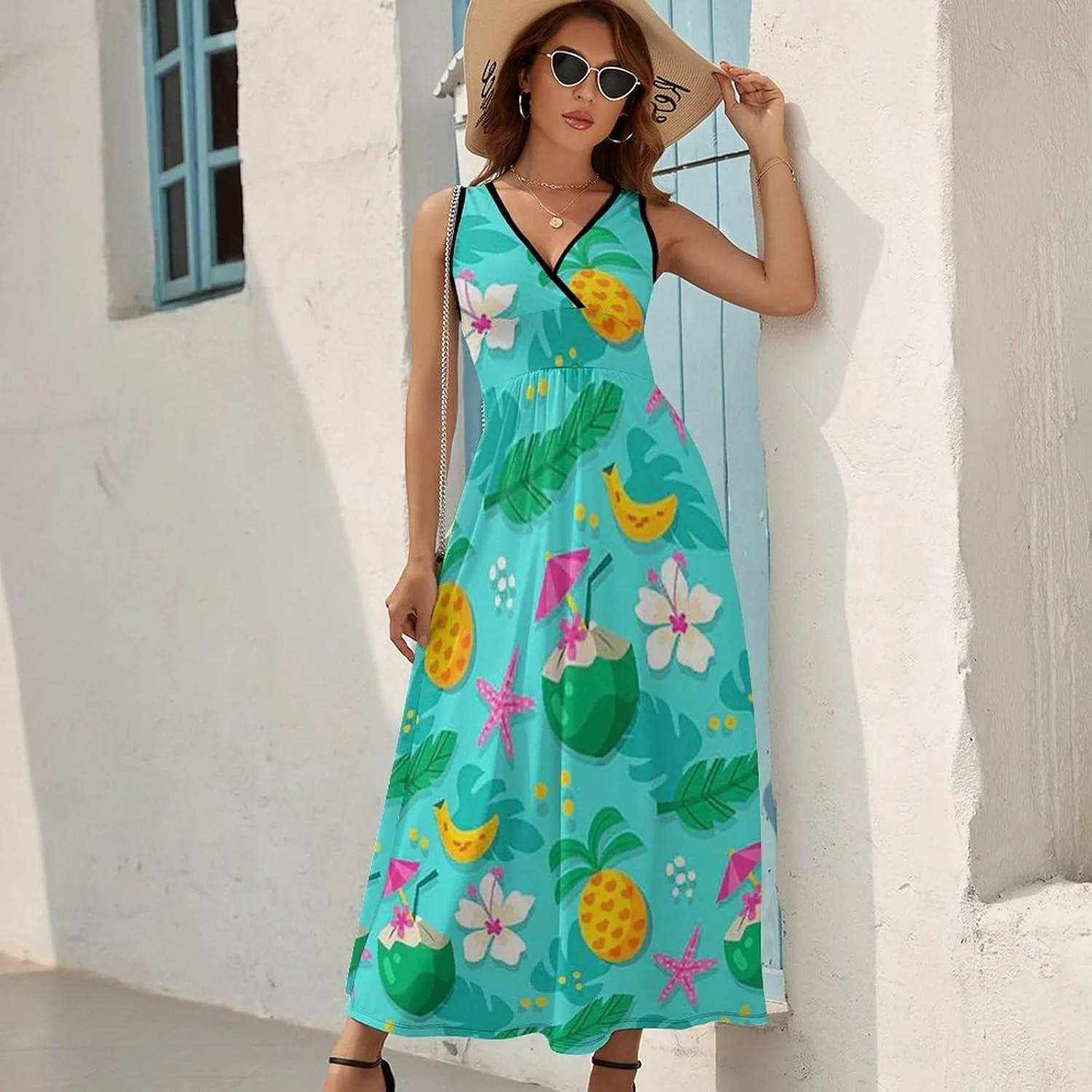 Women's Summer V Neck Sleeveless Octopus Maxi Sundress Casual Flowy Beach Tank Dress