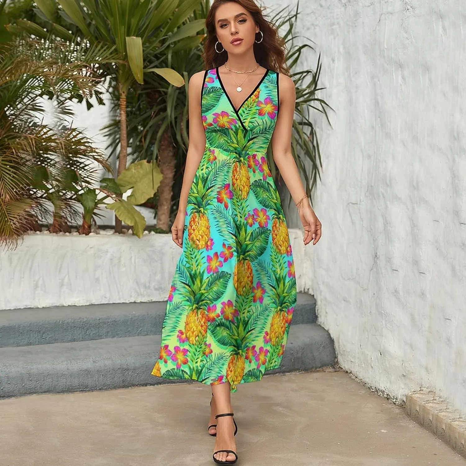 Women's Summer V Neck Sleeveless Octopus Maxi Sundress Casual Flowy Beach Tank Dress