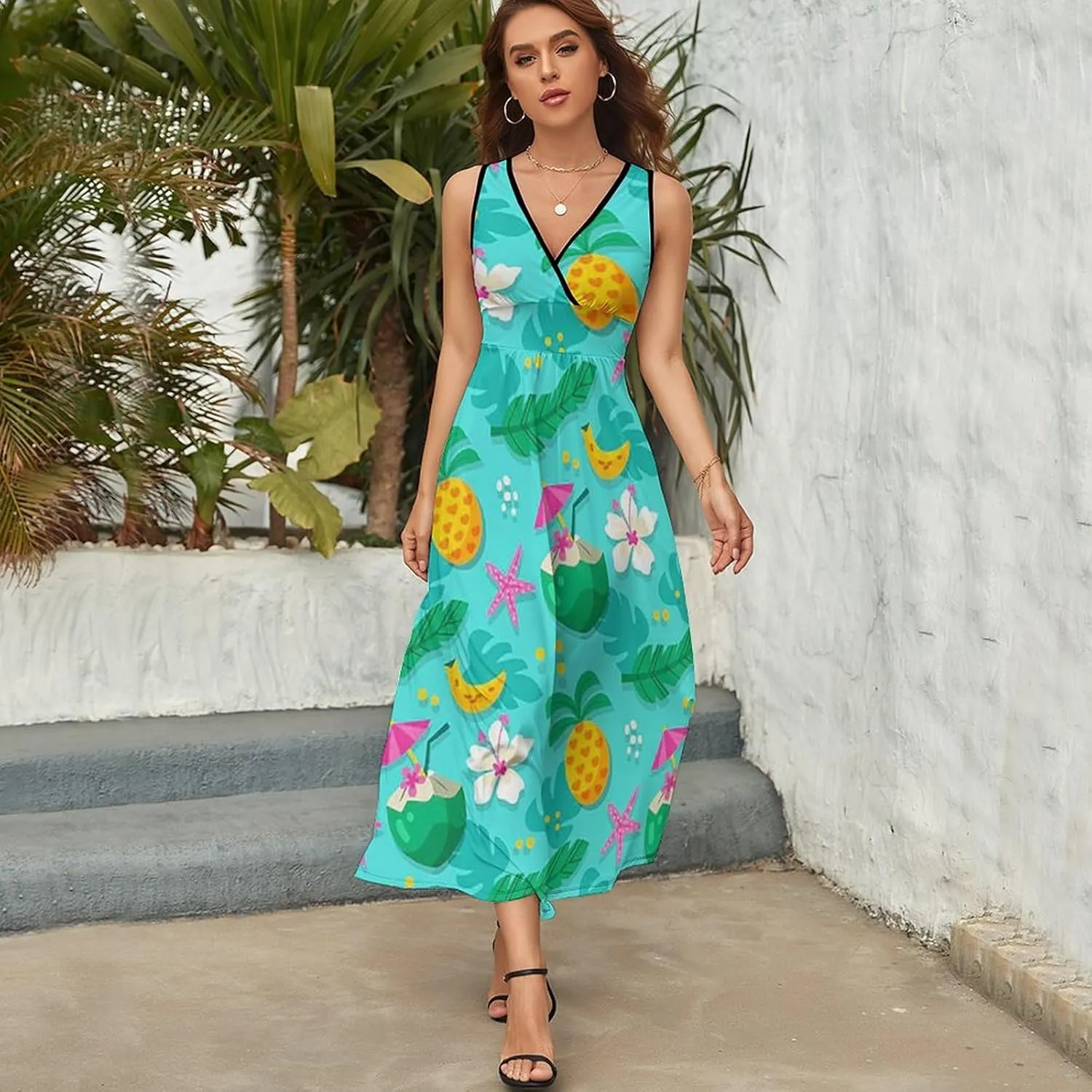 Women's Summer V Neck Sleeveless Octopus Maxi Sundress Casual Flowy Beach Tank Dress