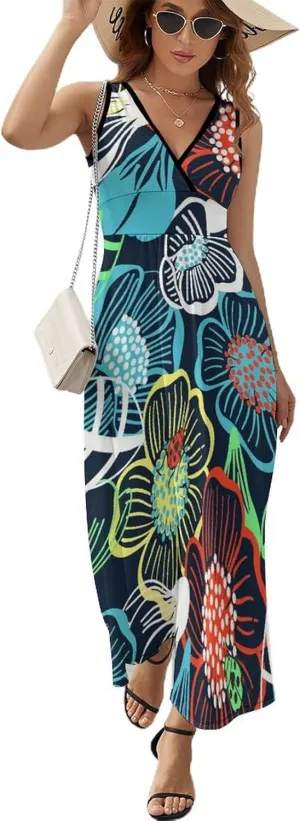 Women's Summer V Neck Sleeveless Octopus Maxi Sundress Casual Flowy Beach Tank Dress