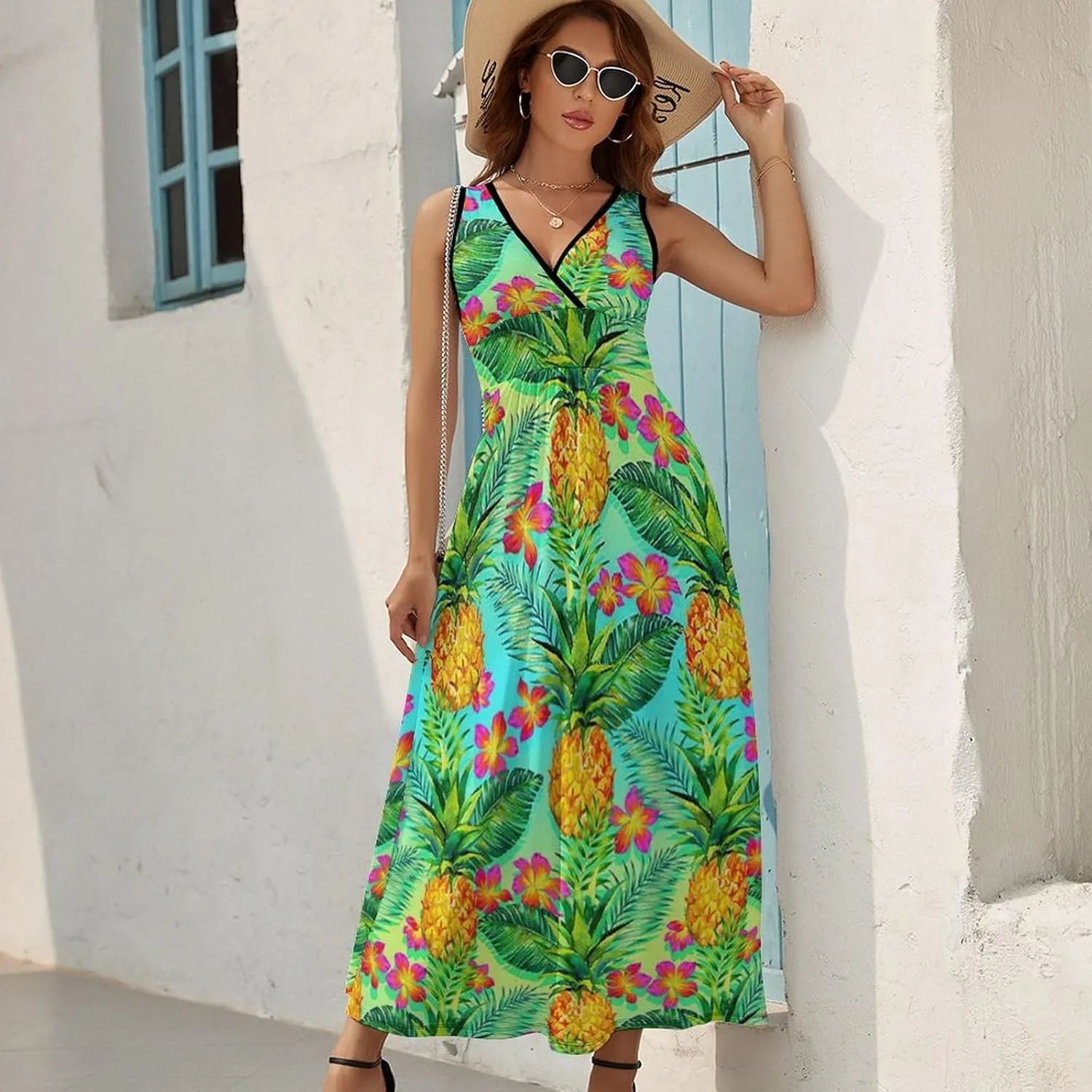 Women's Summer V Neck Sleeveless Octopus Maxi Sundress Casual Flowy Beach Tank Dress
