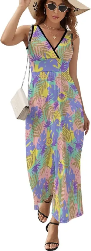 Women's Summer V Neck Sleeveless Tropical Maxi Sundress Casual Flowy Beach Tank Dress