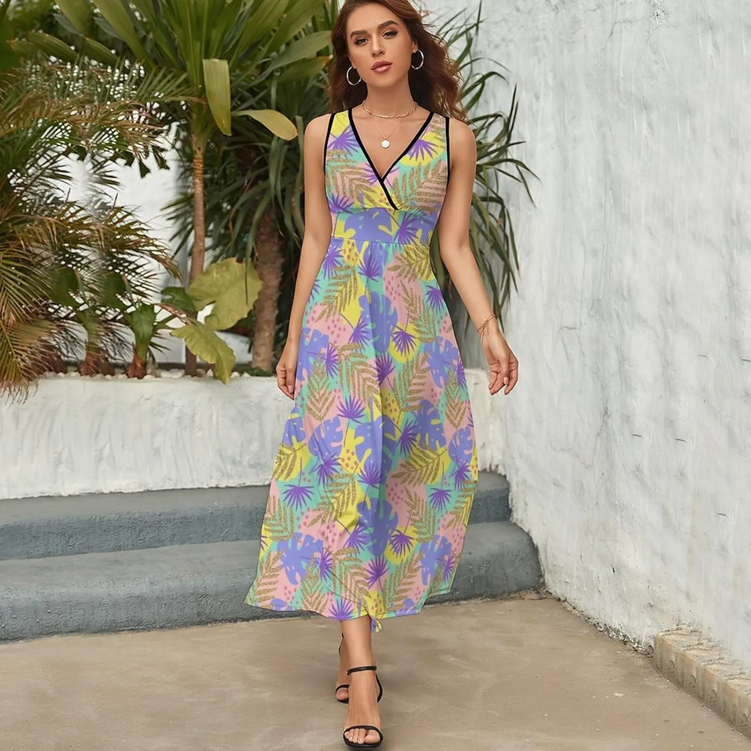 Women's Summer V Neck Sleeveless Tropical Maxi Sundress Casual Flowy Beach Tank Dress