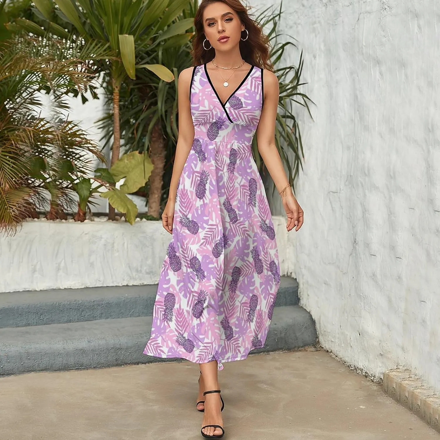 Women's Summer V Neck Sleeveless Tropical Maxi Sundress Casual Flowy Beach Tank Dress