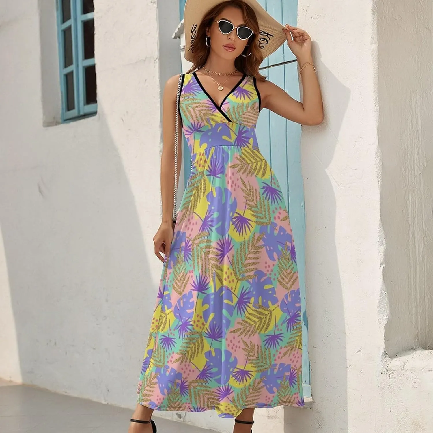 Women's Summer V Neck Sleeveless Tropical Maxi Sundress Casual Flowy Beach Tank Dress