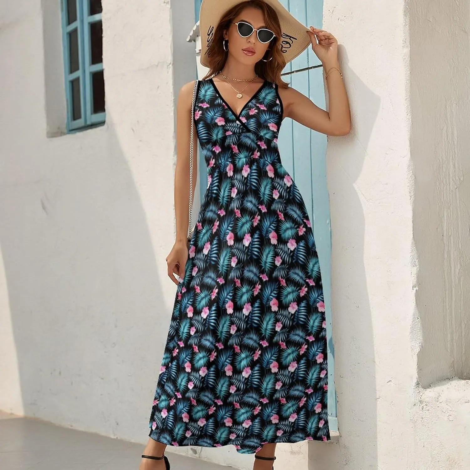 Women's Summer V Neck Sleeveless Tropical Maxi Sundress Casual Flowy Beach Tank Dress