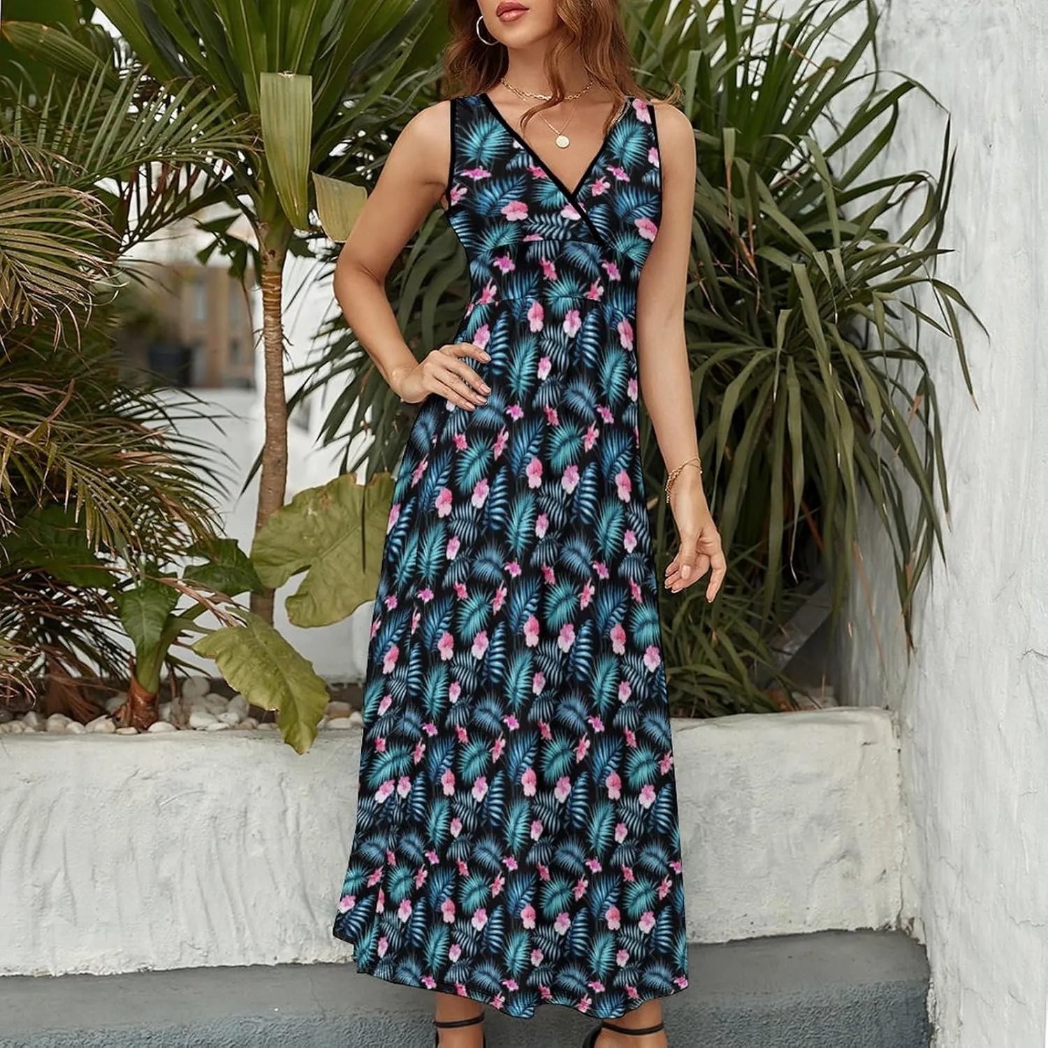Women's Summer V Neck Sleeveless Tropical Maxi Sundress Casual Flowy Beach Tank Dress