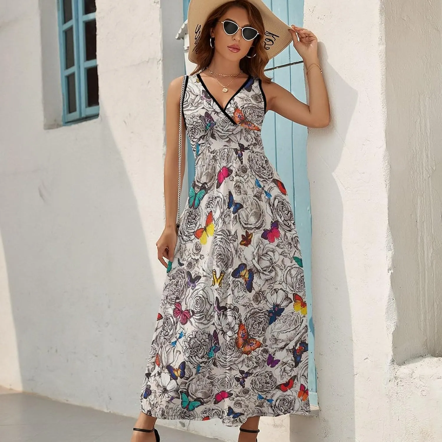 Women's Summer V Neck Sleeveless Tropical Maxi Sundress Casual Flowy Beach Tank Dress