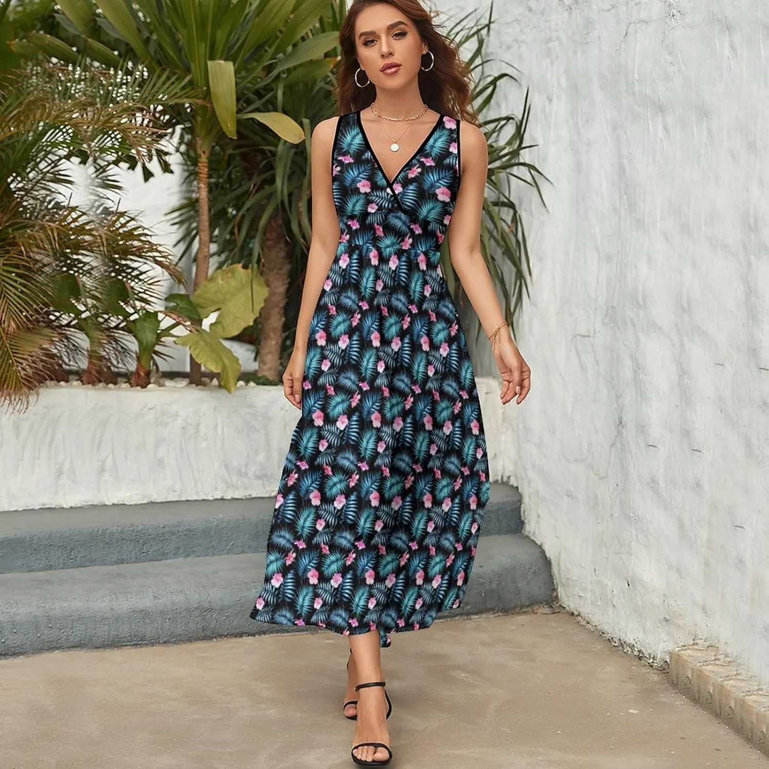 Women's Summer V Neck Sleeveless Tropical Maxi Sundress Casual Flowy Beach Tank Dress