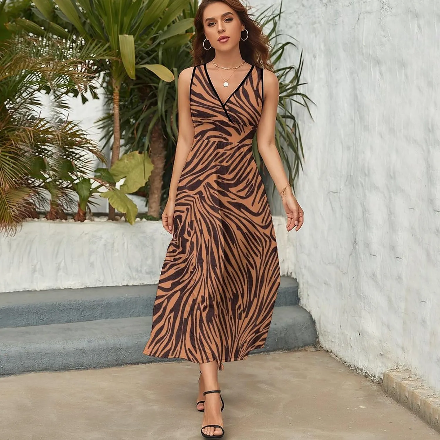 Women's Summer V Neck Sleeveless Tropical Maxi Sundress Casual Flowy Beach Tank Dress