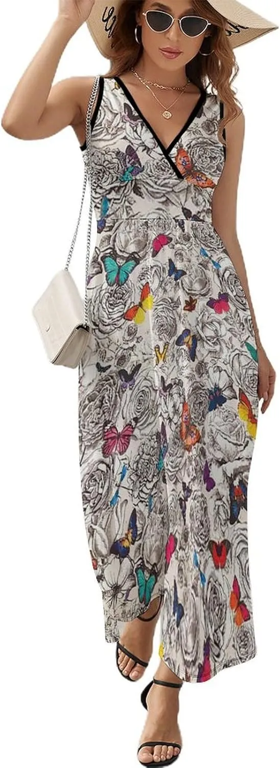 Women's Summer V Neck Sleeveless Tropical Maxi Sundress Casual Flowy Beach Tank Dress