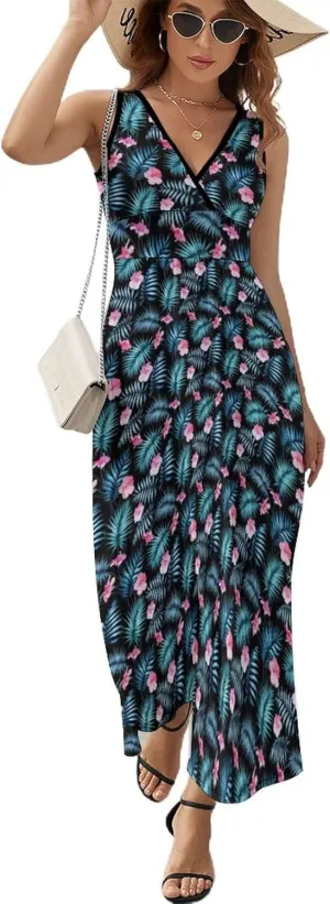 Women's Summer V Neck Sleeveless Tropical Maxi Sundress Casual Flowy Beach Tank Dress