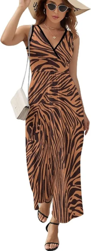 Women's Summer V Neck Sleeveless Tropical Maxi Sundress Casual Flowy Beach Tank Dress