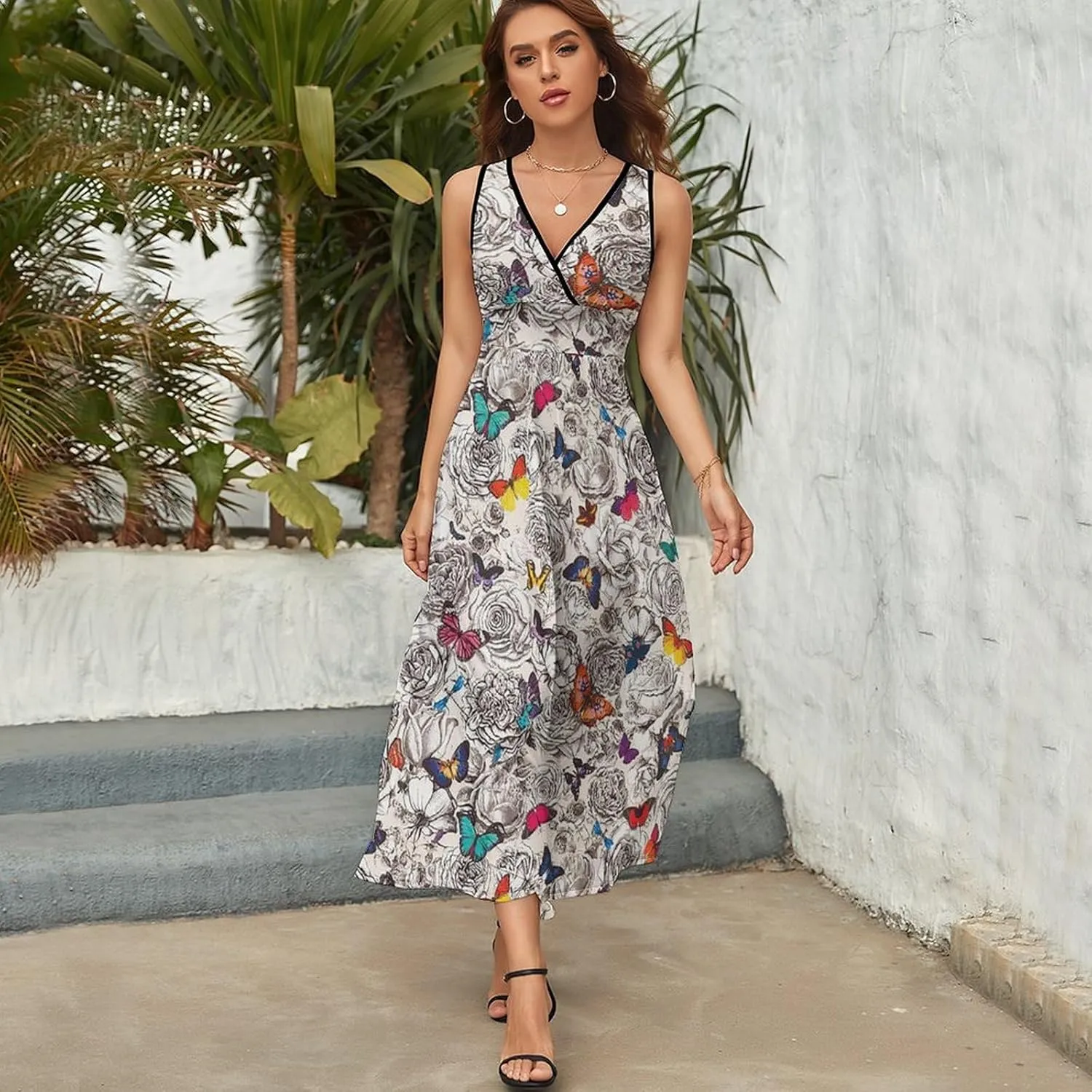 Women's Summer V Neck Sleeveless Tropical Maxi Sundress Casual Flowy Beach Tank Dress