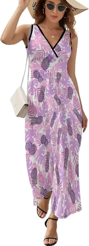 Women's Summer V Neck Sleeveless Tropical Maxi Sundress Casual Flowy Beach Tank Dress