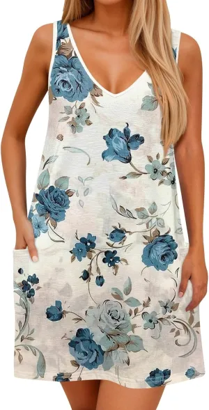 Women's Sundresses 2025 Summer Casual Loose Trendy Sleeveless V-Neck Floral Print Boho Midi Dress, S-3XL