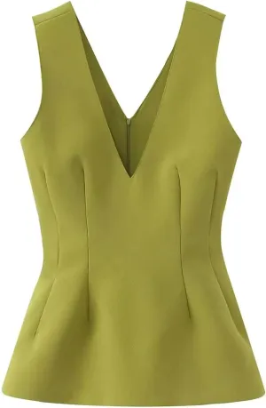 Women's V-Neck Sleeveless Dress Hem Camisole Top Casual Slim Fit Sleeveless Tank Vest