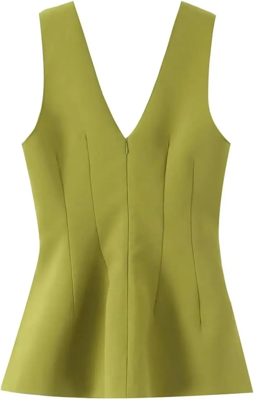 Women's V-Neck Sleeveless Dress Hem Camisole Top Casual Slim Fit Sleeveless Tank Vest