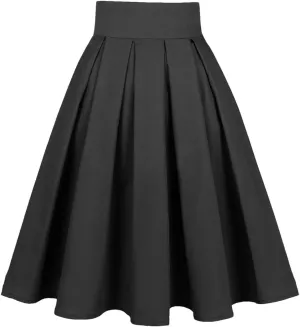 Womens Vintage Skirts High Waist Pleated Midi A-Line Casual Swing Pleated Skirt