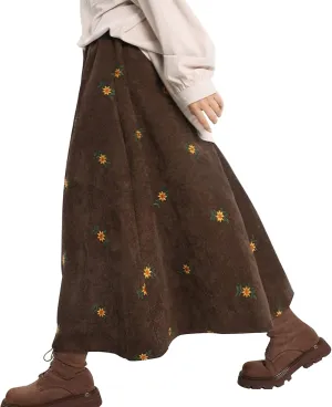 Wowcarbazole Women Corduroy Long Skirt Vintage A-Line Elastic Waist Cottagecore Floral Embroidery Fall Boho Maxi Skirts