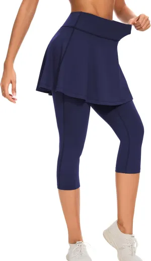 WOWENY Tennis Skirted Leggings with Pockets for Women Active Ruffle Pleated Golf Capris with Skort Pickleball Yoga Running