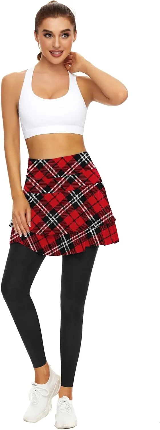 WOWENY Tennis Skirted Leggings with Pockets for Women Active Skort Athletic Ruffle Pleated Golf Skapri with Skirt