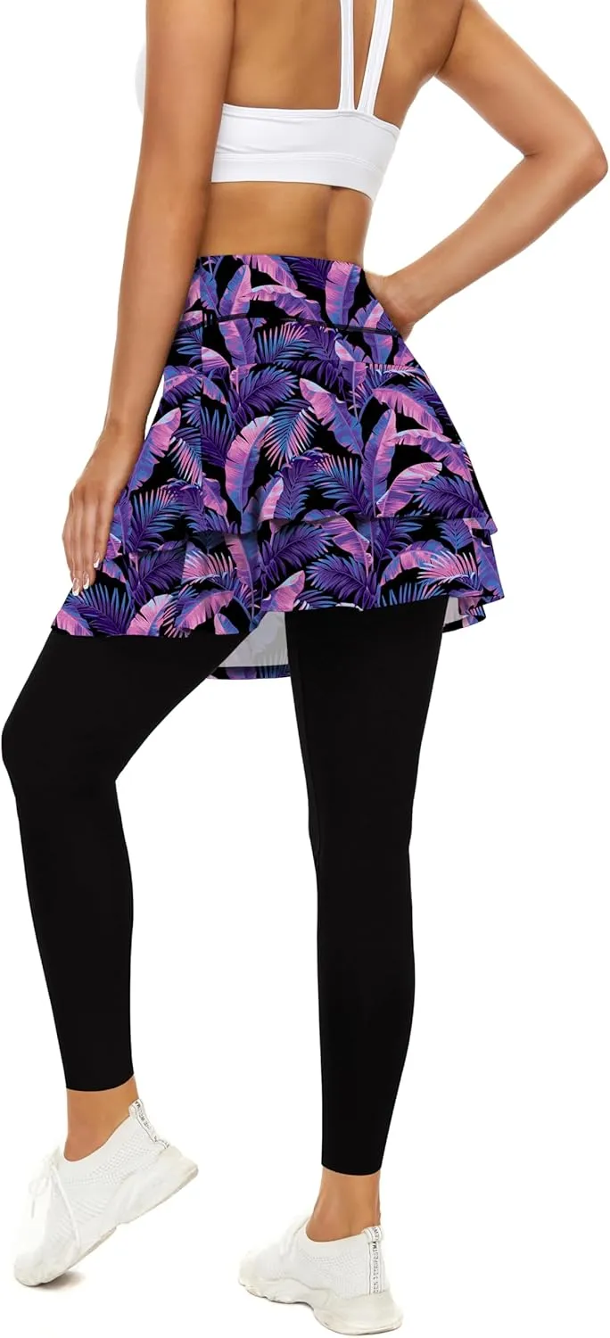 WOWENY Tennis Skirted Leggings with Pockets for Women Active Skort Athletic Ruffle Pleated Golf Skapri with Skirt