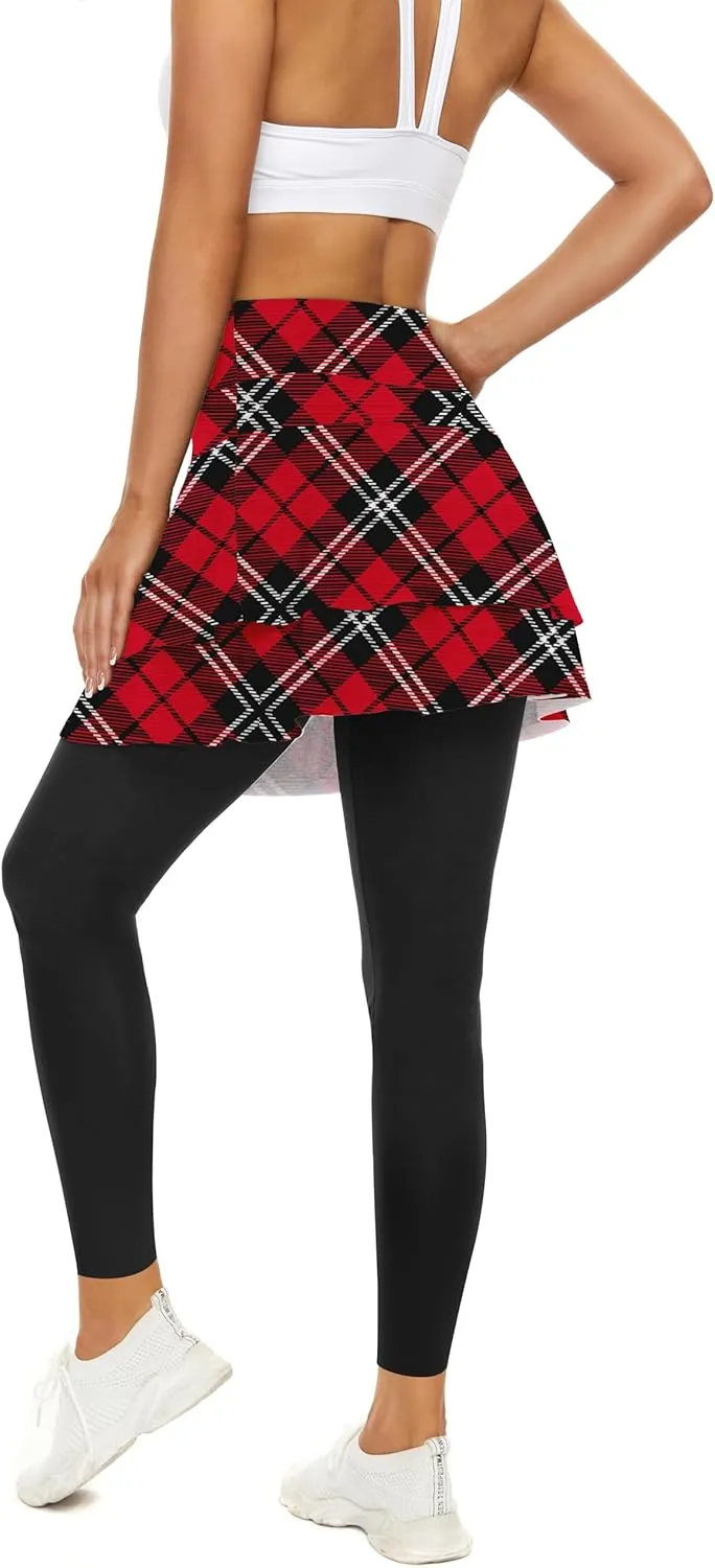 WOWENY Tennis Skirted Leggings with Pockets for Women Active Skort Athletic Ruffle Pleated Golf Skapri with Skirt