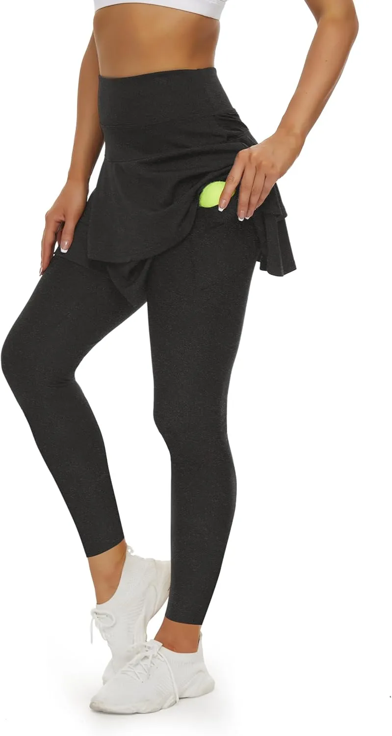 WOWENY Tennis Skirted Leggings with Pockets for Women Active Skort Athletic Ruffle Pleated Golf Skapri with Skirt