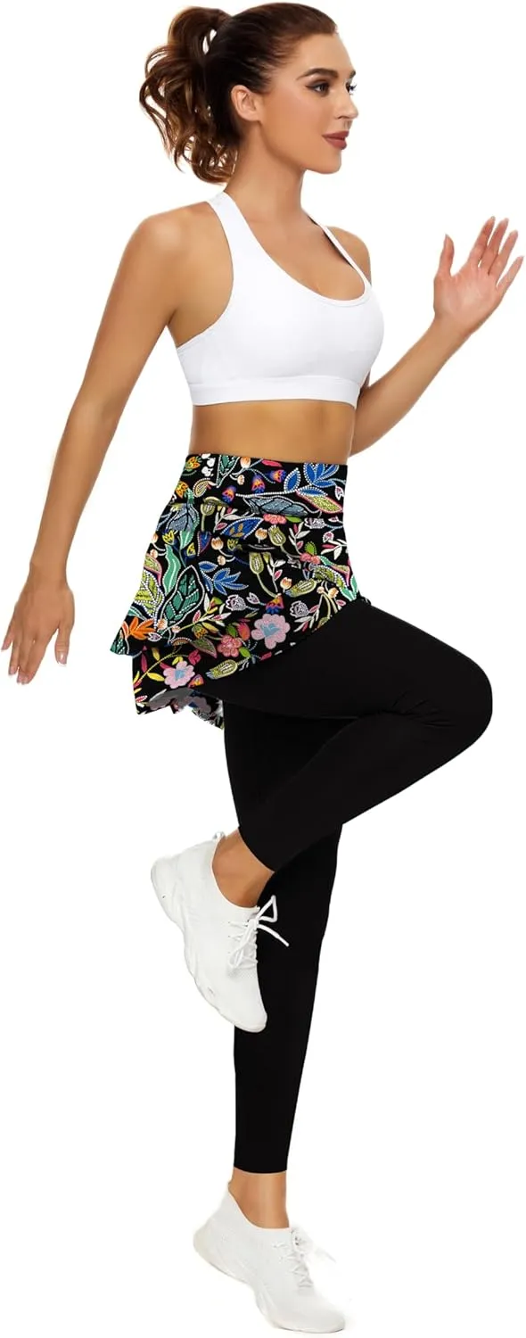 WOWENY Tennis Skirted Leggings with Pockets for Women Active Skort Athletic Ruffle Pleated Golf Skapri with Skirt
