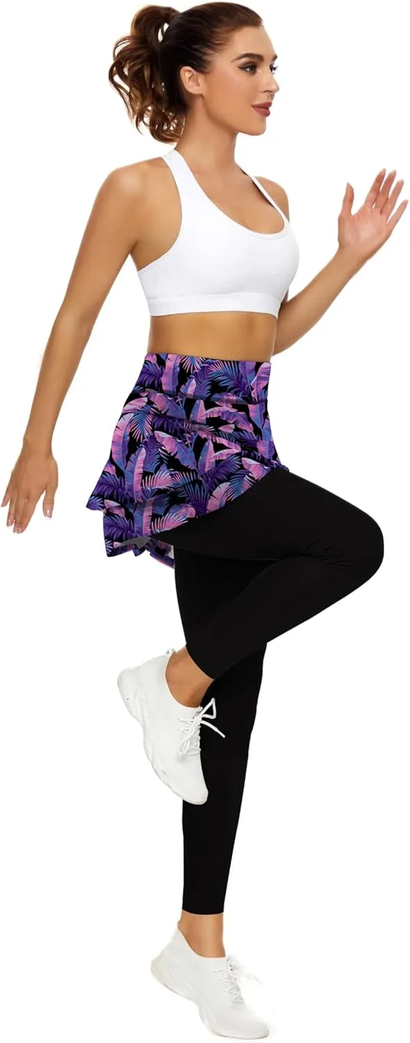 WOWENY Tennis Skirted Leggings with Pockets for Women Active Skort Athletic Ruffle Pleated Golf Skapri with Skirt