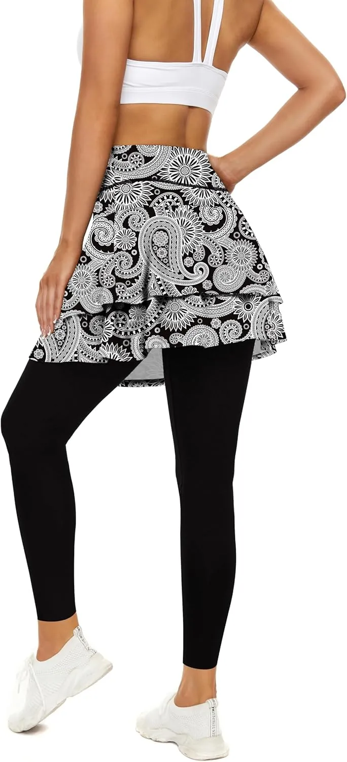 WOWENY Tennis Skirted Leggings with Pockets for Women Active Skort Athletic Ruffle Pleated Golf Skapri with Skirt